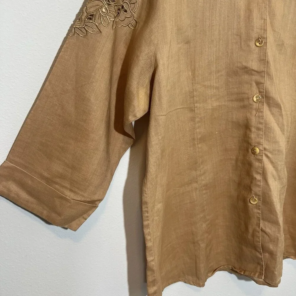 Natural Collection Women's linen Shirt size Large V Neck 3/4 Sleeves Embroidery - Picture 8 of 11